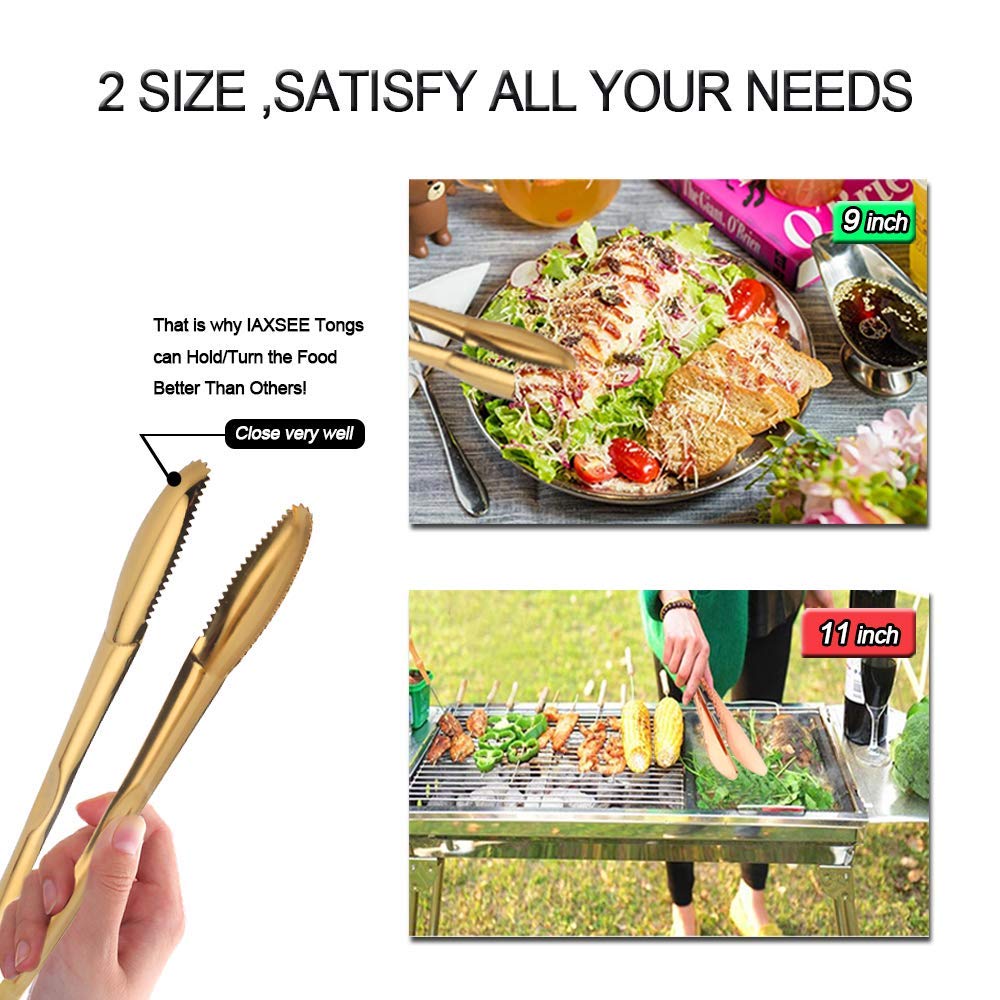 Iaxsee 2-Pack 9 Inch Stainless Steel Gold Salad Tongs, Non-Slip & Easy Grip Smart Locking Clip Handy Utensil For Cooking, Servin